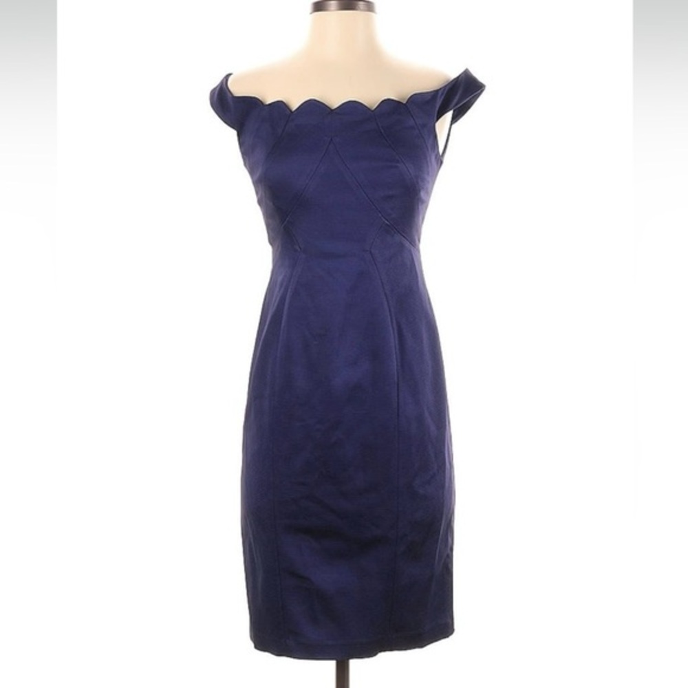NWT ZAC Zac Posen Daniella Scalloped Ocean Floor Navy Off Shoulder Sheath Dress
